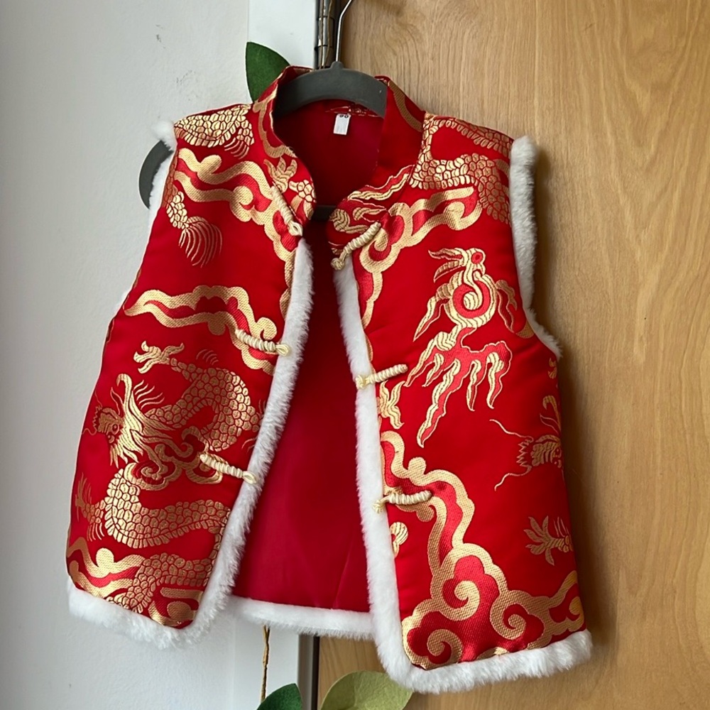 Red and Gold Dragon Vest with White fur Trim